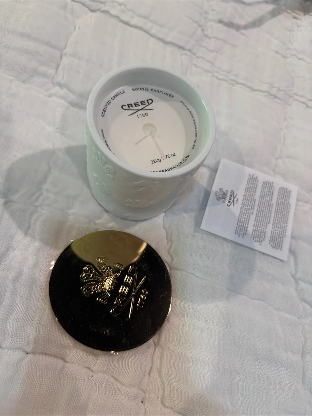 Creed White Candle with Gold Plaque